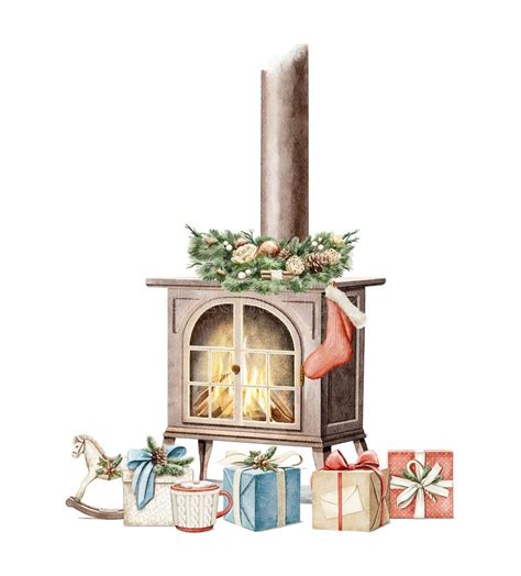 Watercolor Cartoon Wood Burning Stove Christmas Ts Boxes And Toys