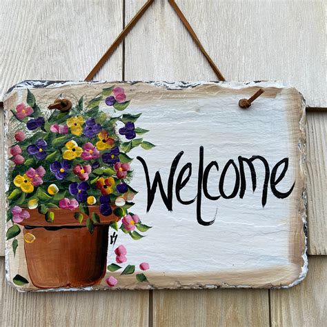 Painted Slate Welcome Sign Garden Slate Sign Floral Welcome Etsy