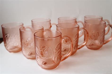Rosaline Rosa Pink Vintage Arcoroc Rose Floral Pattern Glass Mugs Set Of 8