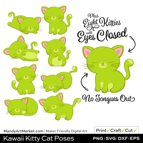Chartreuse Green Kawaii Kitty Cat Poses Clipart Pngs Included In