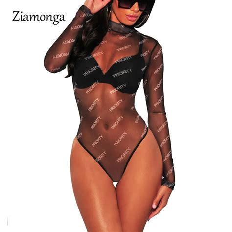 Ziamonga Sexy Letter Print Turtleneck Skinny Bodysuits Women 2019 New