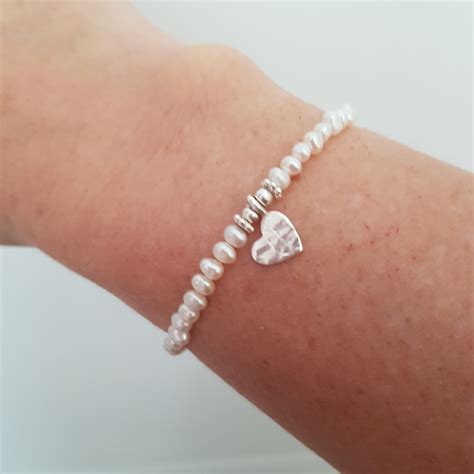 Tiny Freshwater Pearl Stretch Bracelet Sterling Silver Hammered Heart