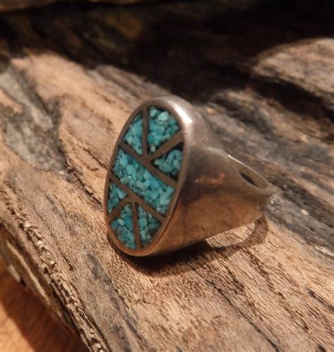 Mens Ring Navajo Sterling Silver Turquoise Chip Inlay Ring Heavy 7 9