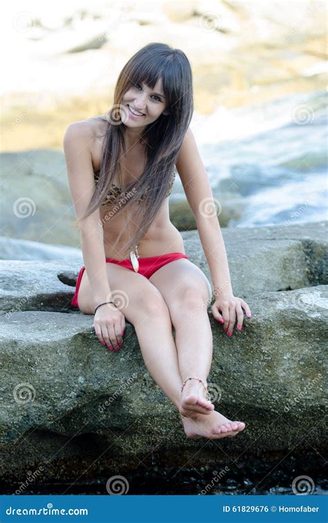 Woman Wear Bikini Sitting On Sea Rocks Stock Photo Image Of Natural Attractive