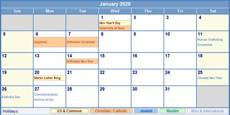 January 2020 Calendar With Holidays As Picture