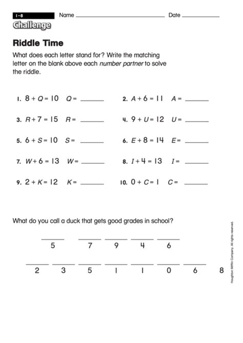 Math Worksheet With Riddle Answer