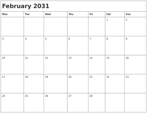 February 2031 Month Calendar