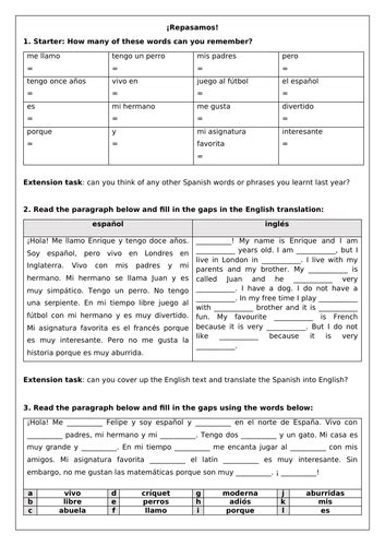Spanish Ks3 Basics Revision Worksheet Teaching Resources