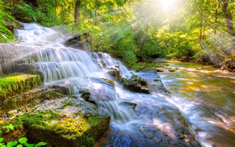 Cascade Waterfall River Stones With Moss Green Sunlight Forest Vegetation