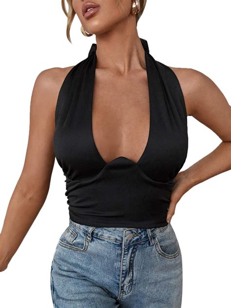 Verdusa Women S Sexy Plunging Neck Backless Knotted Crop Tank Halter Top Black M Amazon Ca