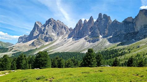 Gruppo Delle Odle Italy Dolomites Peaks Trees Landscape Sky Alps