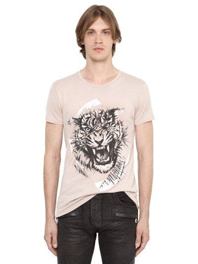 Balmain Tiger Printed Cotton Jersey T Shirt Beige Modesens Mens