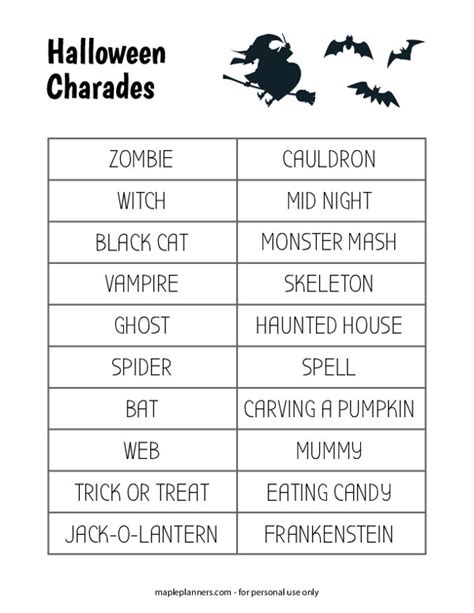 Free Halloween Charades Game Cards Printable