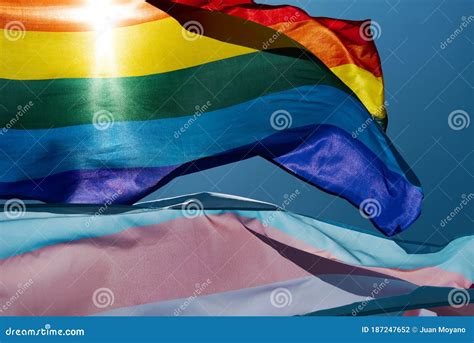 Gay And Transgender Pride Flags Waving On The Sky Stock Photo Image