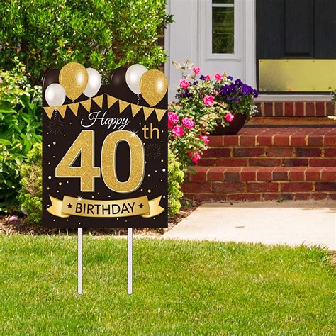 Large Happy 40th Birthday Party Yard Sign Black Gold 40