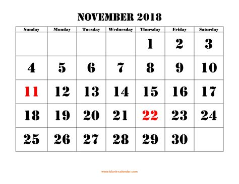 Free Download Printable November 2018 Calendar Large Font Design