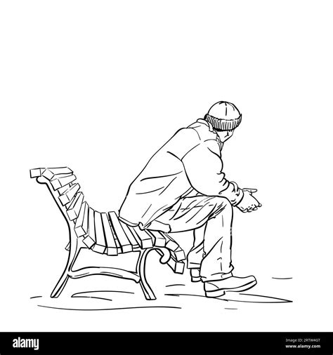 Drawing Of Man In Winter Clothes Sitting On Bench And Looking Away