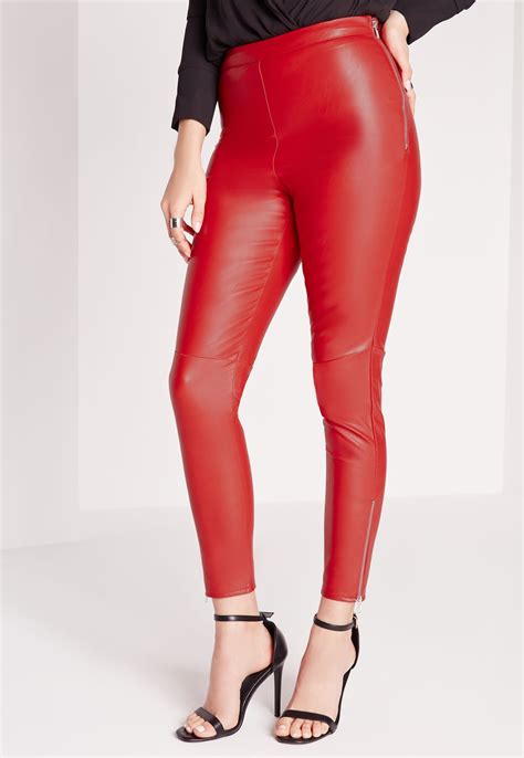 Lyst Missguided Ankle Zip Faux Leather Pants Red In Black