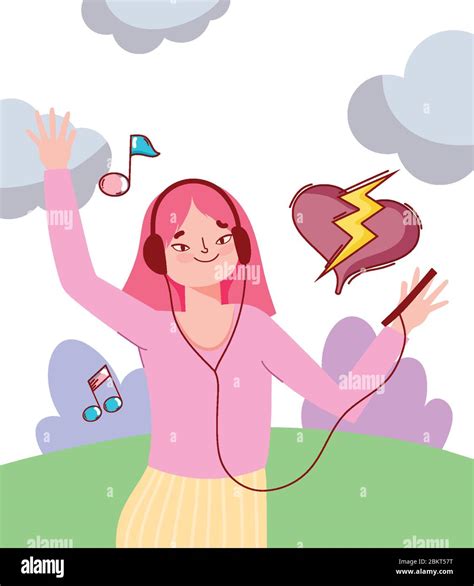 Girl Holding Mobile And Earphones Listening Music Outdoor Vector