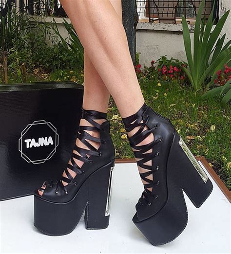 Black Platform Wedges Lace Up 20 Cm High Heel Shoes Tajna Club