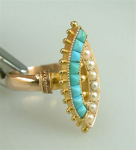 Antique Victorian Persian Turquoise Pearl Ring Vintage Estate Jewelry