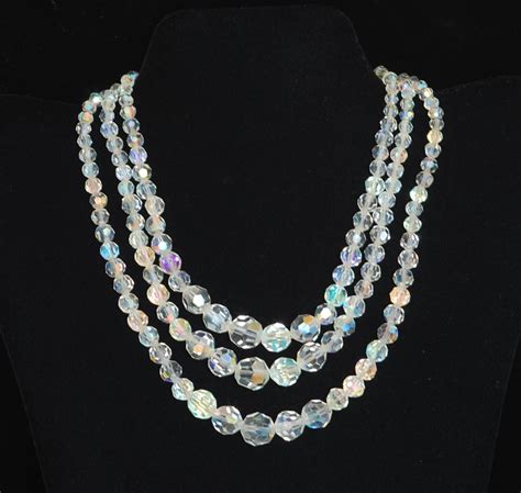 1950s Faceted Crystal Three Strand Necklace With Briolette Crystal On
