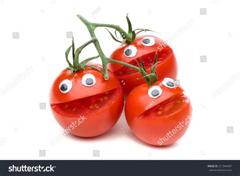 Three Laughing Tomatoes Isolated On White Stock Photo 211044487