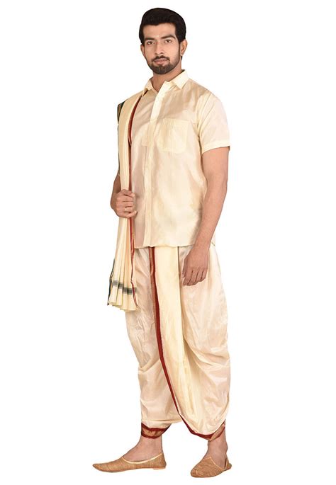 Woven Art Silk Dhoti Shirt Set In Cream Mxt210