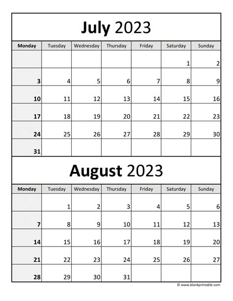 July And August Printable Calendar