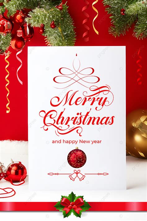 White Paper Merry Christmas Greetings Card Mockup On The Red Decorative