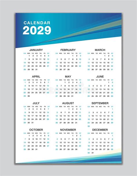 Calendar 2029 12 Months Yearly Vector Calendar In Year 2029
