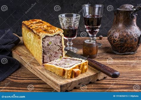 Traditional French Pate En Croute With Goose Meat And Liver With Red