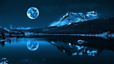 Wallpaper 1920x1080 Px Blue Forest Lake Landscape Moon