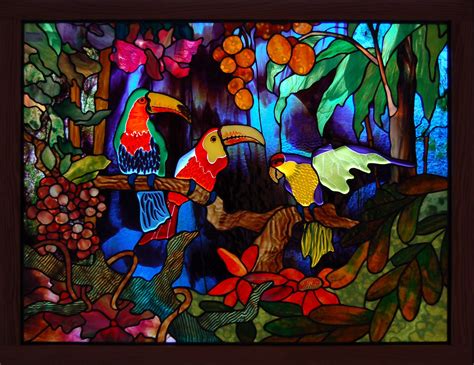 Stained Glass Art Window Tropical Parrot Color Jungle Forest F