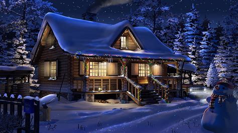 Artistic Winter Cabin Christmas Lights Night Snow Snowman Hd