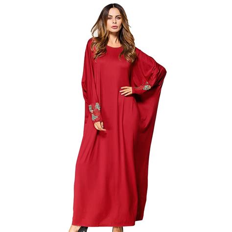 Fashion Women Muslim Dress O Neck Batwing Sleeve Patchwork Red Flower Vestidos Arabes Mujer