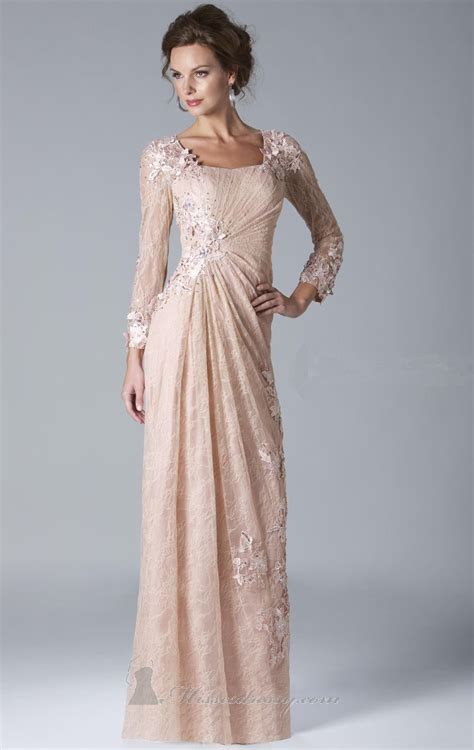 Wholesale Hot Lace Evening Dress Mothers Dress Bodice Pink Long Pleated Sleeves Square Neck Sexy