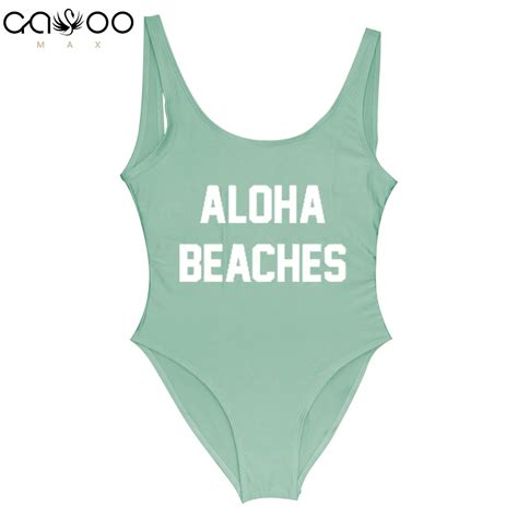 Aloha Beaches Funny Letter 2019 Sexy Swimwear One Piece Swimsuit Women Bodysuit Beach Swim Girl