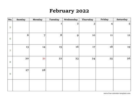 Simple February Calendar 2022 Large Box On Each Day For Notes Free