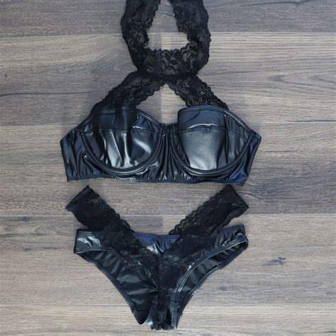 Sexy Plus Size 8 22 Bra Bralette Underwear Set Faux Leather Black