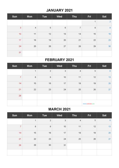 January February March 2021 Printable Calendar Template Codearia3