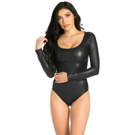 Long Sleeve Faux Leather Bodysuit In Black Liked On Polyvore