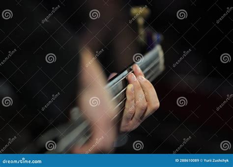 Musician Hands Playing Electric Bass Guitar, Striking a Chord, Close Up