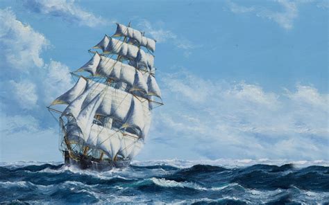Water Sky Clouds Sailing Ship Painting Sea Waves Wallpaper