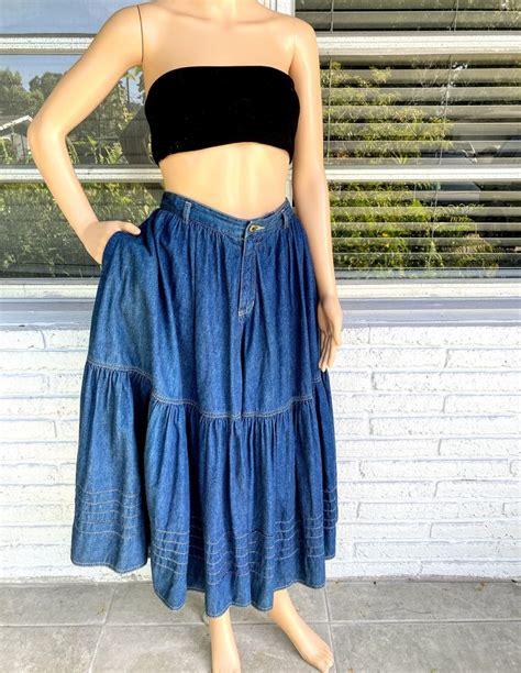 L Denim Prairie Skirt Liz Wear Full Tiered Flounce Bohemian Etsy