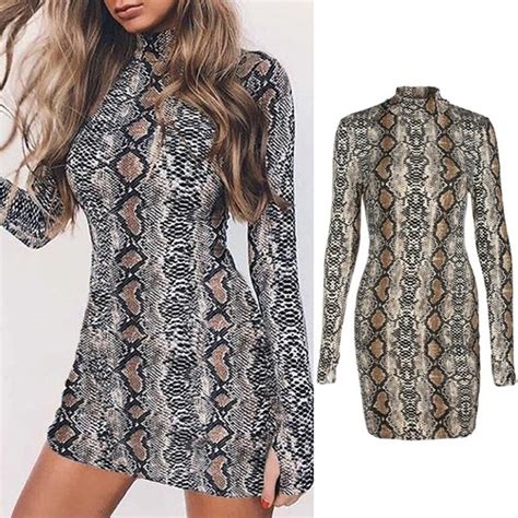 Women Sexy Bodycon Snakeskin High Neck Party Dresses Women Autumn Mini