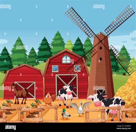 Farm Scene With Animals Stock Vector Image And Art Alamy