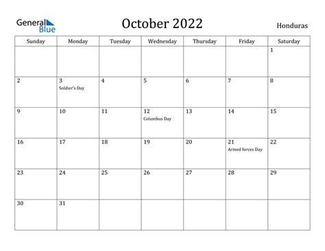 Honduras October 2022 Calendar With Holidays