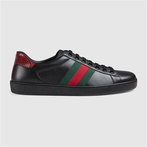 Mens Ace Sneaker Black Leather With Green And Red Web Gucci Uk