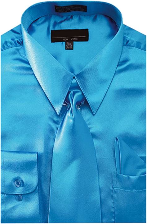 Mens Solid Color Satin Dress Shirt Tie And Hanky Set Turquoise 205